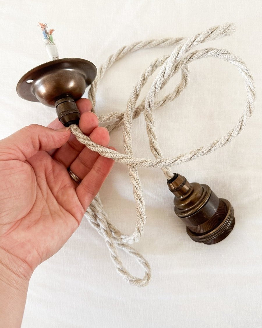 Antique brass and linen HARDWIRED pendant light kit - Ramble Interiors