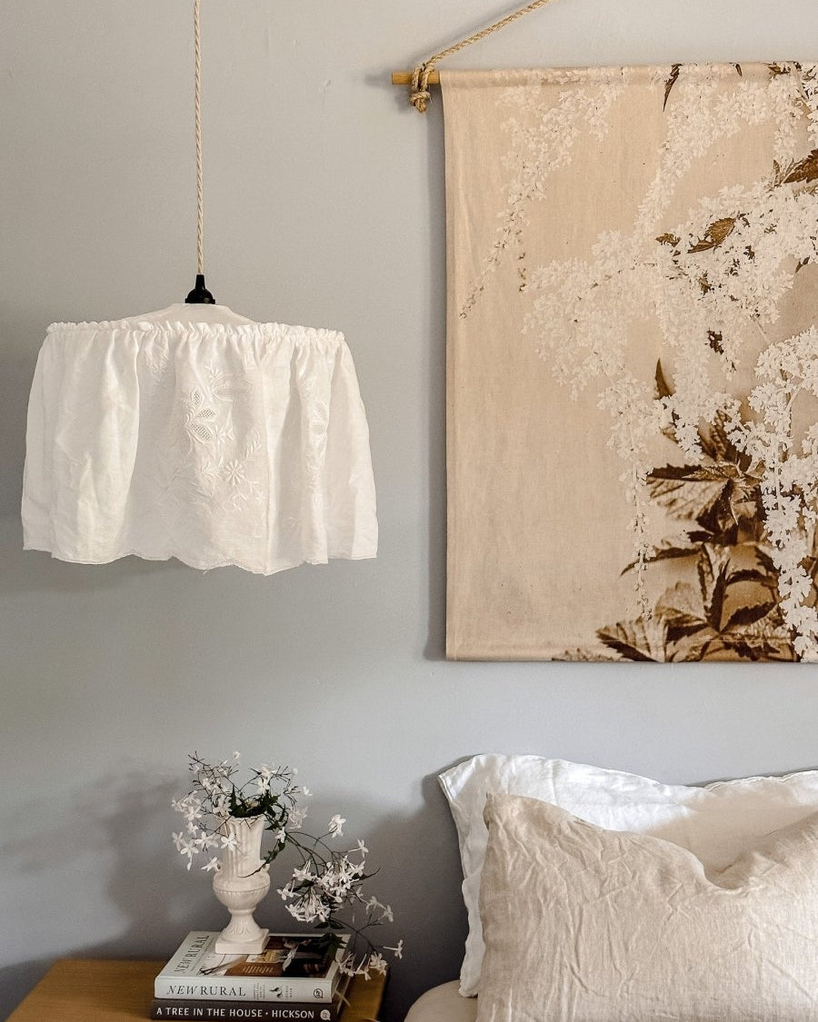 Vintage tablecloth white embroidered pendant light shade - Ramble Interiors