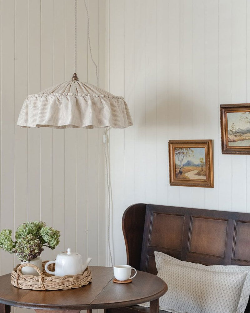 Provence beige pinstripe ruffle pendant light shade - Ramble Interiors