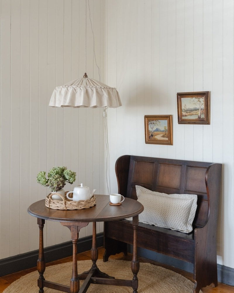 Provence beige pinstripe ruffle pendant light shade - Ramble Interiors