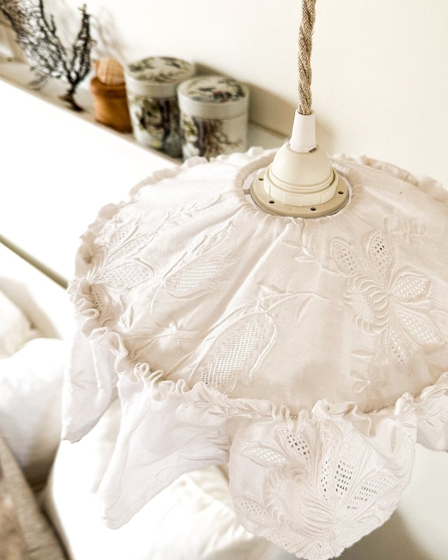 Mini Vintage tablecloth white embroidered pendant light shade - Ramble Interiors