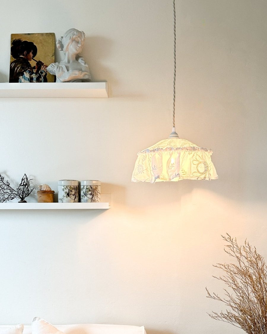 Mini Vintage tablecloth white embroidered pendant light shade - Ramble Interiors