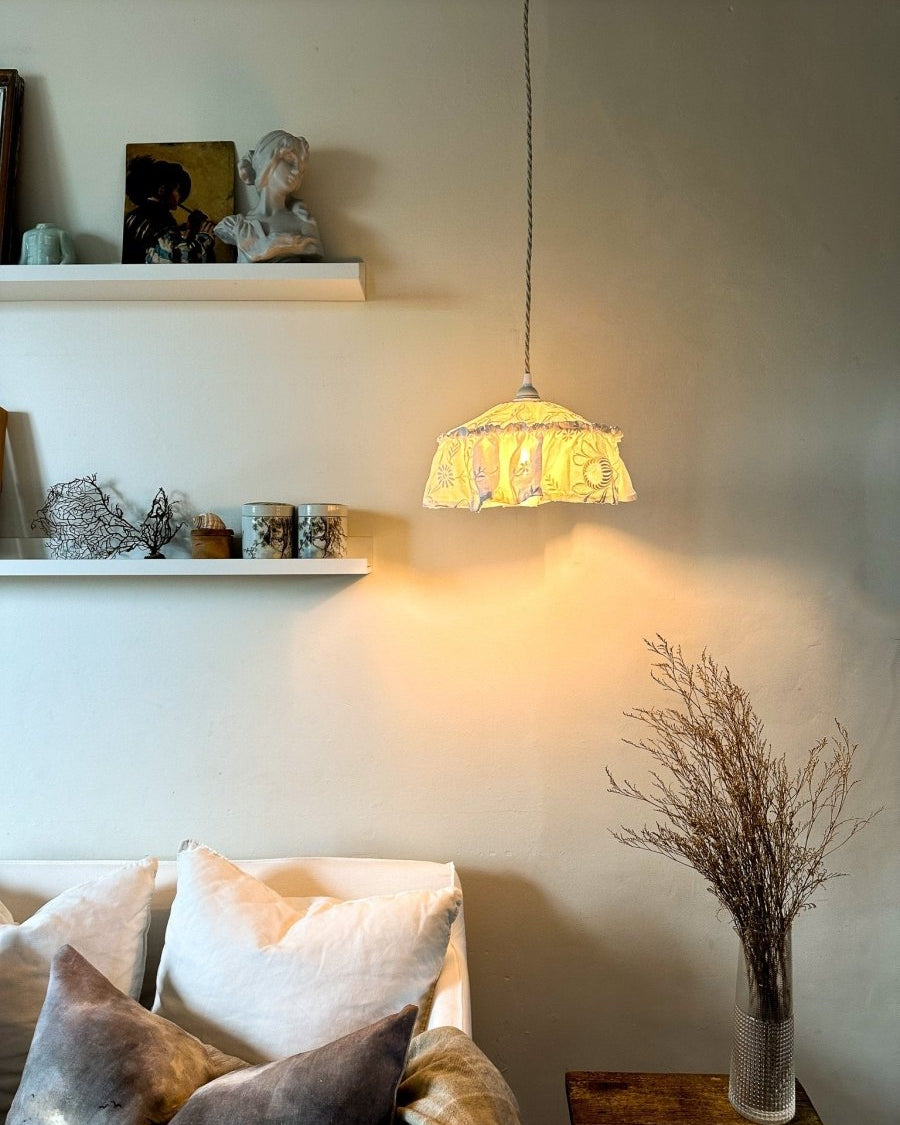 Mini Vintage tablecloth white embroidered pendant light shade - Ramble Interiors