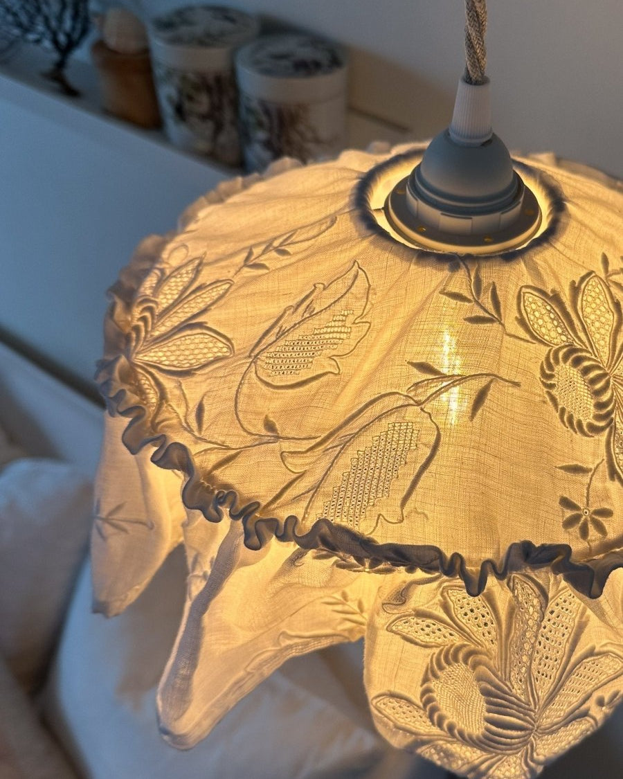 Mini Vintage tablecloth white embroidered pendant light shade - Ramble Interiors