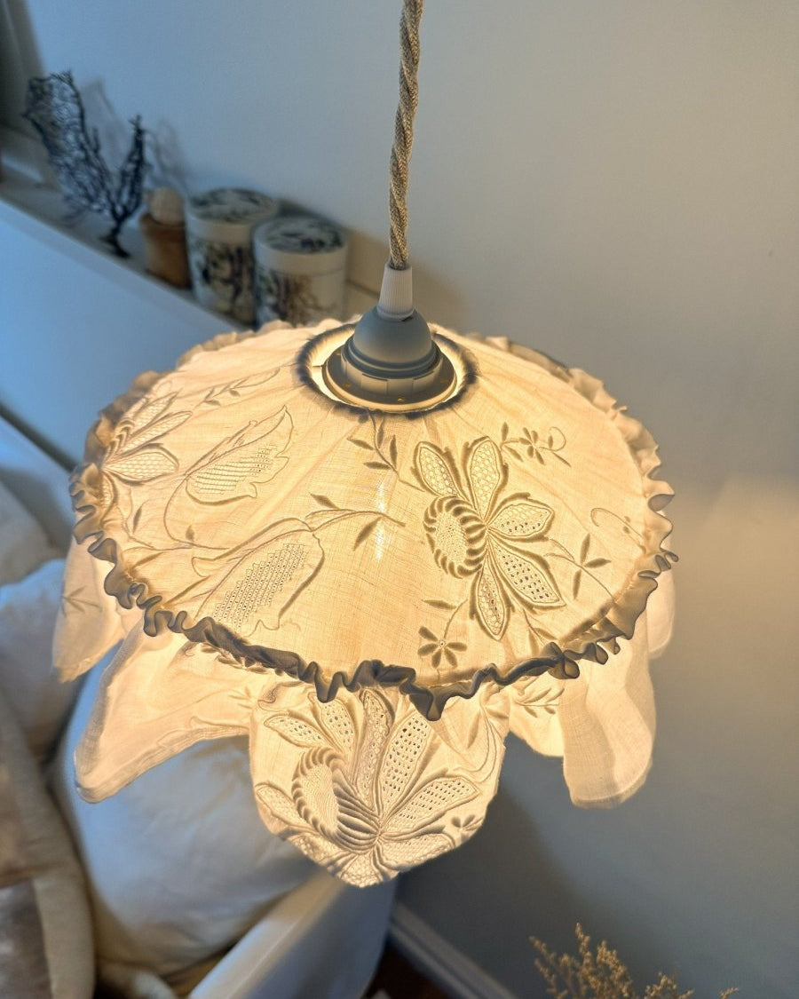 Mini Vintage tablecloth white embroidered pendant light shade - Ramble Interiors