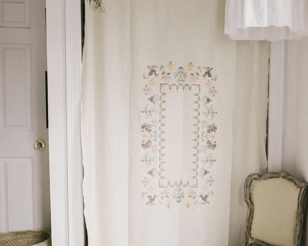 Vintage tablecloth white embroidered pendant light shade - Ramble Interiors