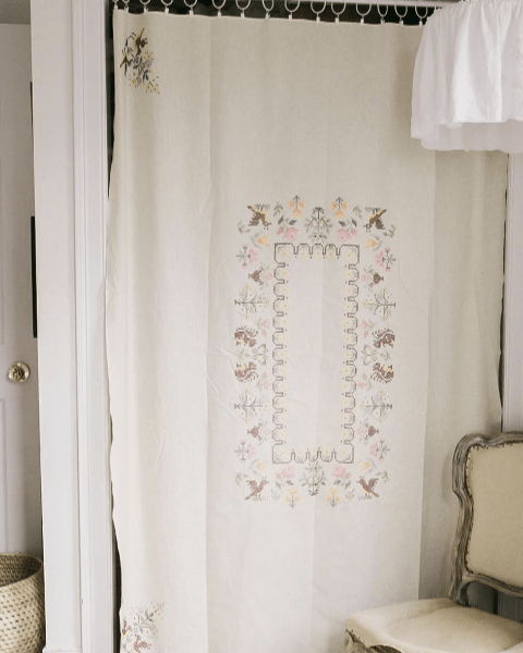Vintage tablecloth white embroidered pendant light shade - Ramble Interiors