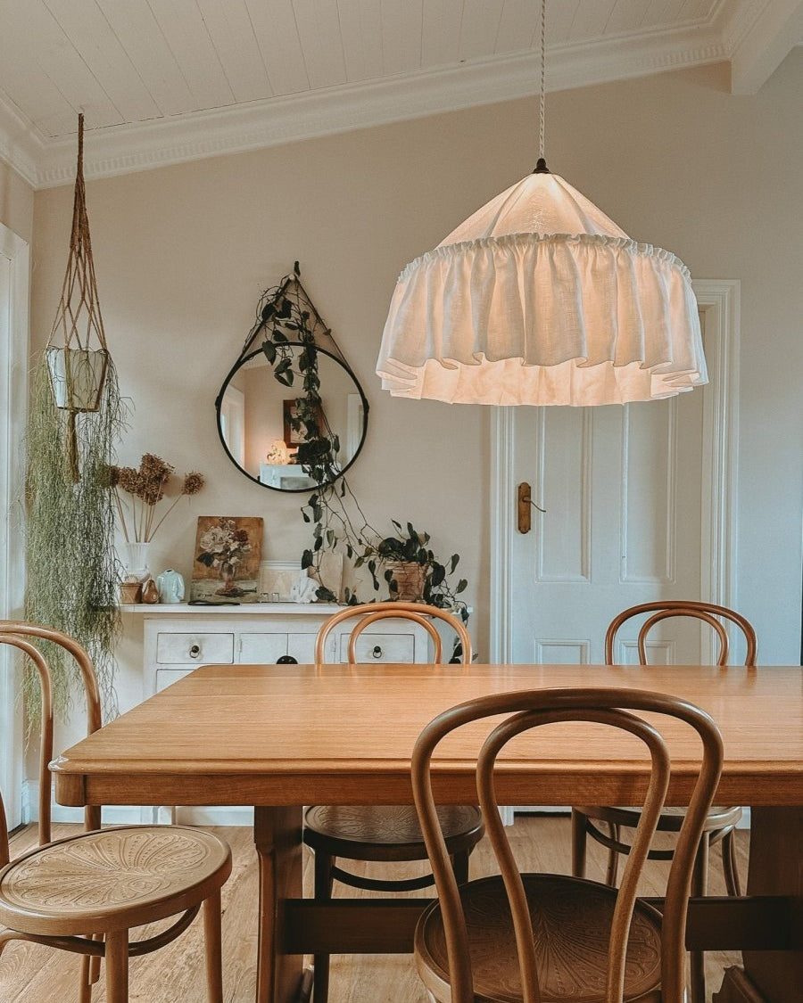 Somerset ruffle ivory linen 50cm pendant light shade - Ramble Interiors