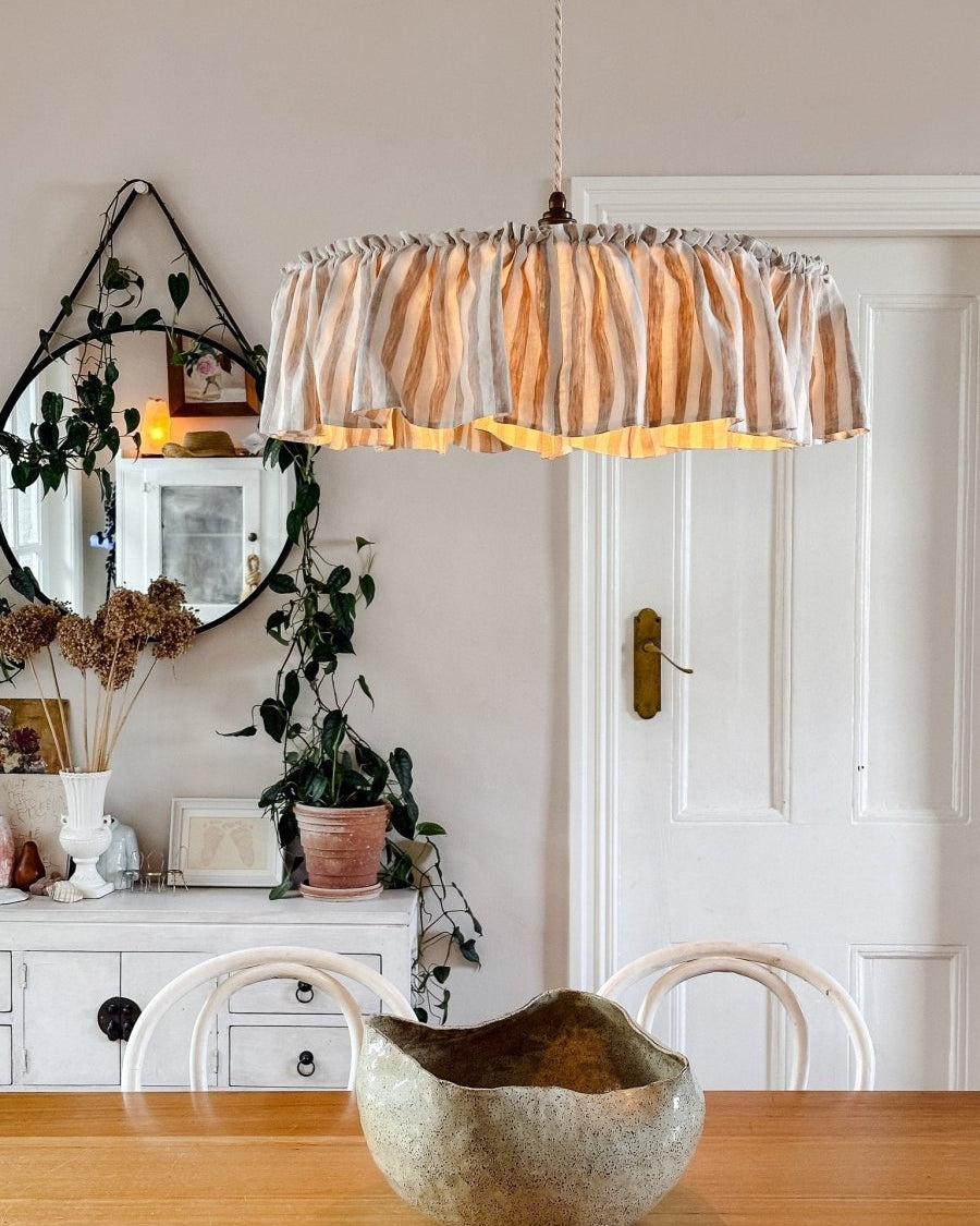 Cotswolds 40cm or 50cm ruffle natural & white striped linen light shade - Ramble Interiors