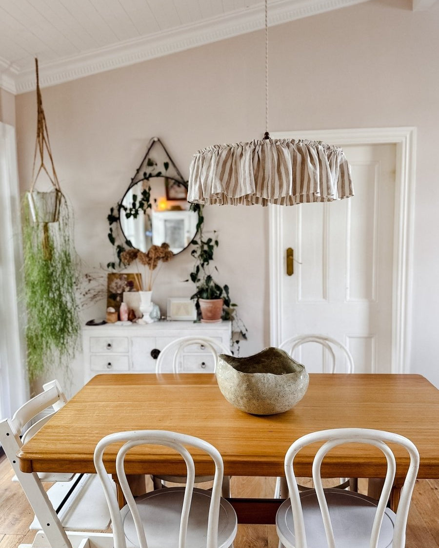 Cotswolds 40cm or 50cm ruffle natural & white striped linen light shade - Ramble Interiors