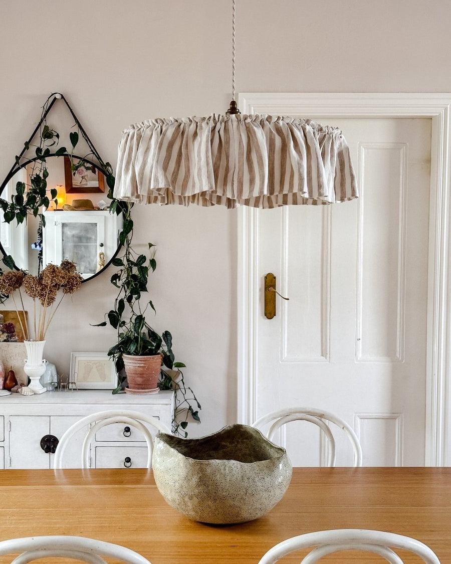 Cotswolds 40cm or 50cm ruffle natural & white striped linen light shade - Ramble Interiors