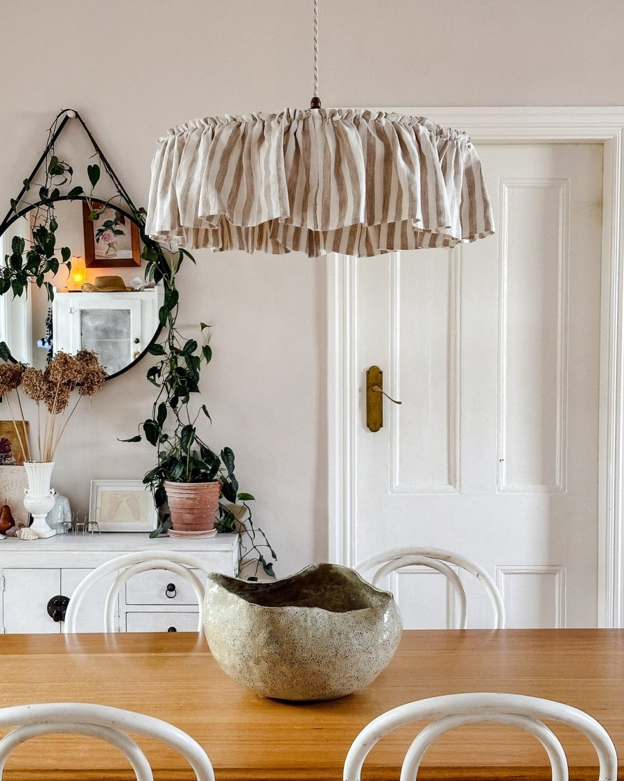 Cotswolds 40cm or 50cm ruffle natural & white striped linen light shade - Ramble Interiors