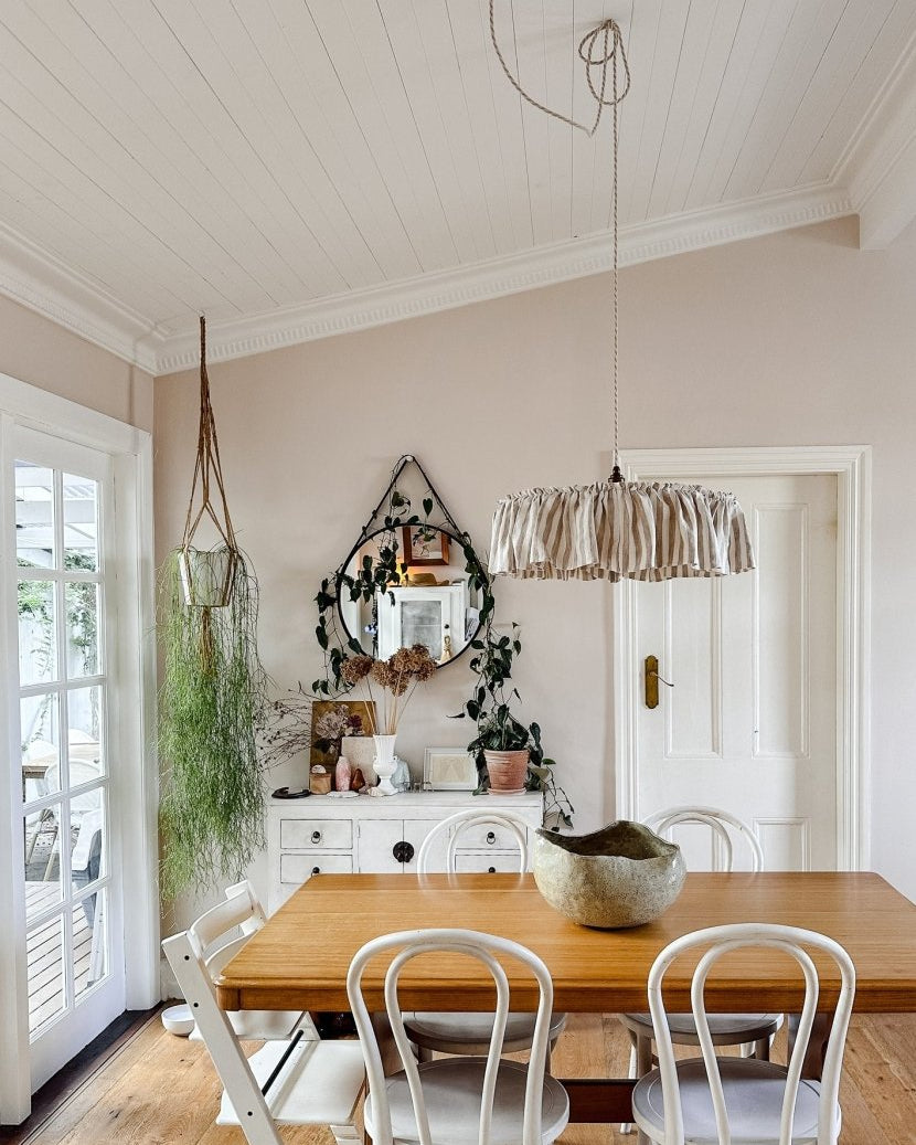Cotswolds 40cm or 50cm ruffle natural & white striped linen light shade - Ramble Interiors