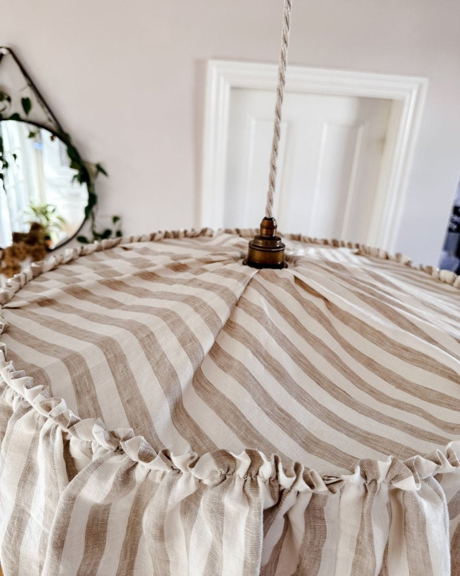 Cotswolds 40cm or 50cm ruffle natural & white striped linen light shade - Ramble Interiors