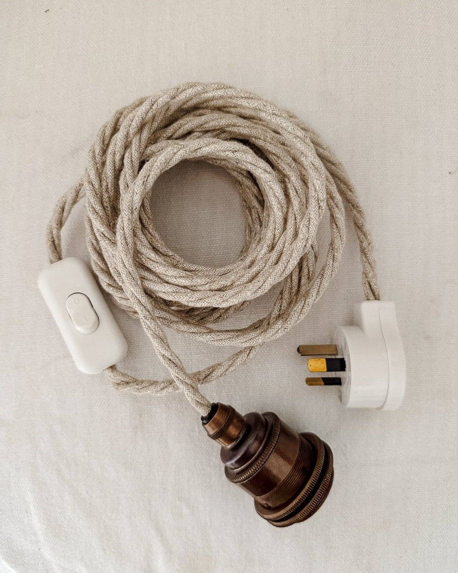 Antique brass / linen light cord set with inline switch - 2 in stock - Ramble Interiors