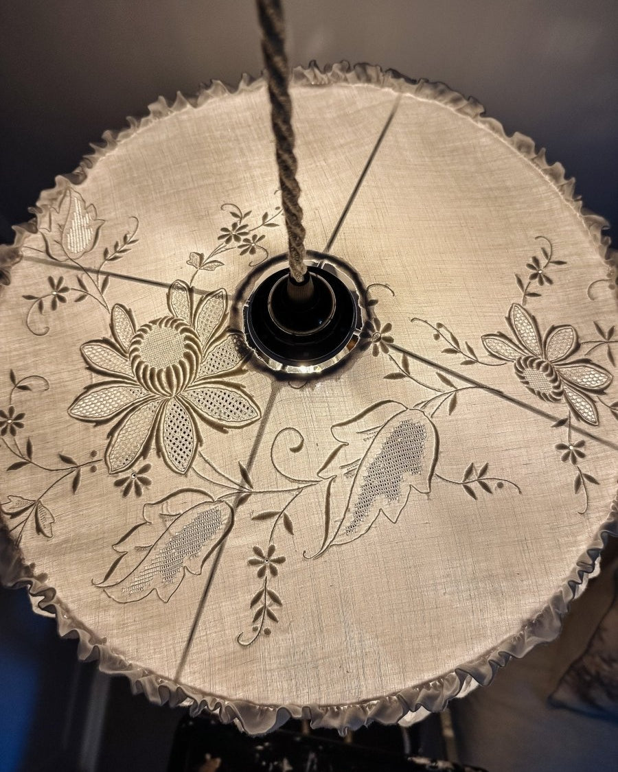 Vintage tablecloth white embroidered pendant light shade - Ramble Interiors