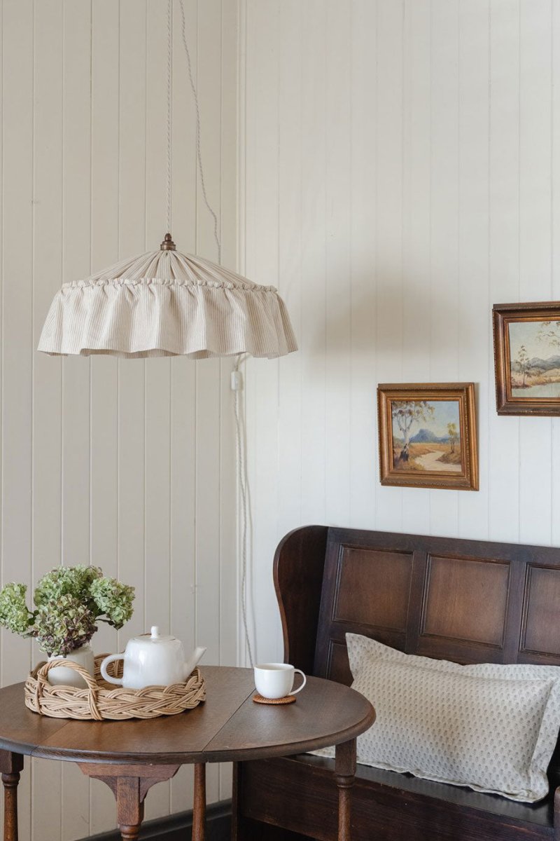 Provence beige pinstripe ruffle pendant light shade - Ramble Interiors