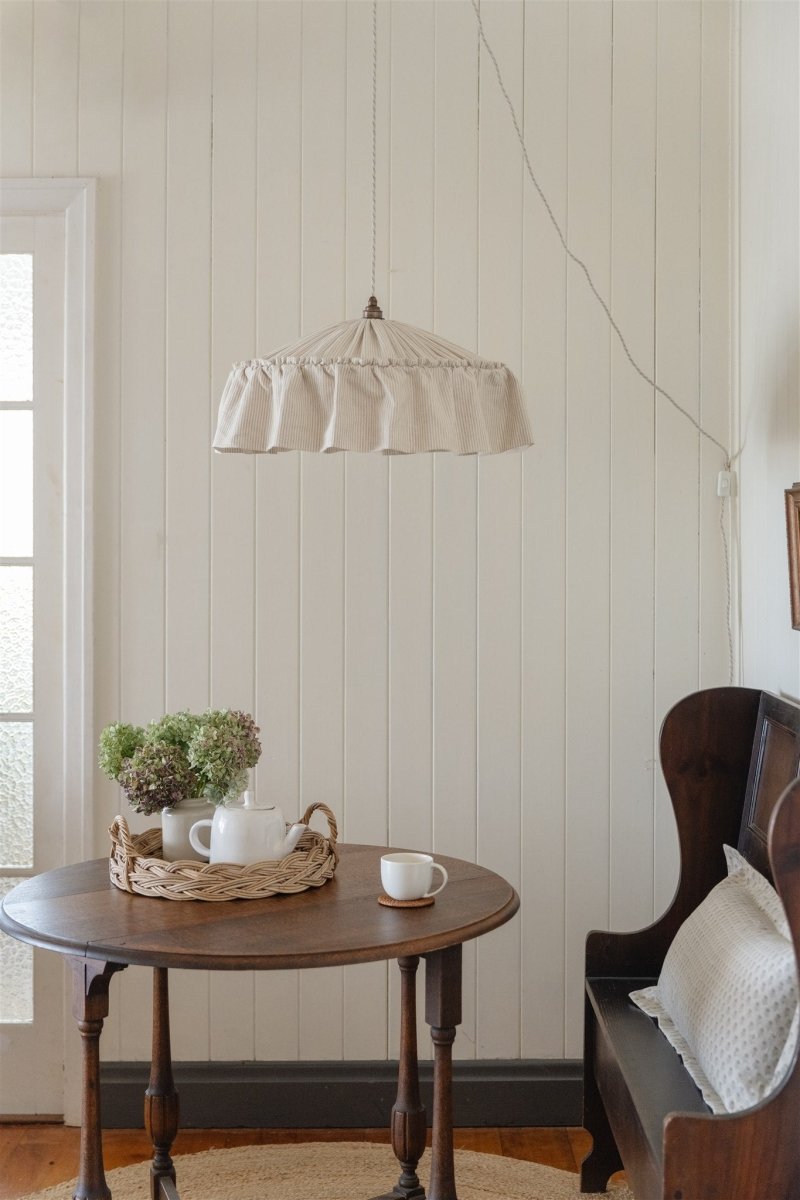 Provence beige pinstripe ruffle pendant light shade - Ramble Interiors