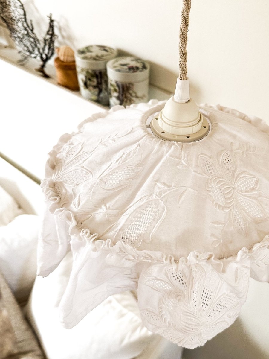 Mini Vintage tablecloth white embroidered pendant light shade - Ramble Interiors