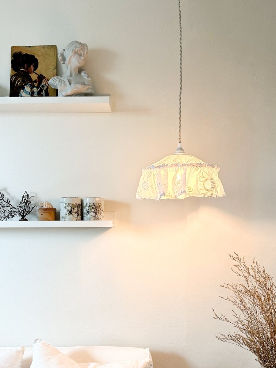 Mini Vintage tablecloth white embroidered pendant light shade - Ramble Interiors