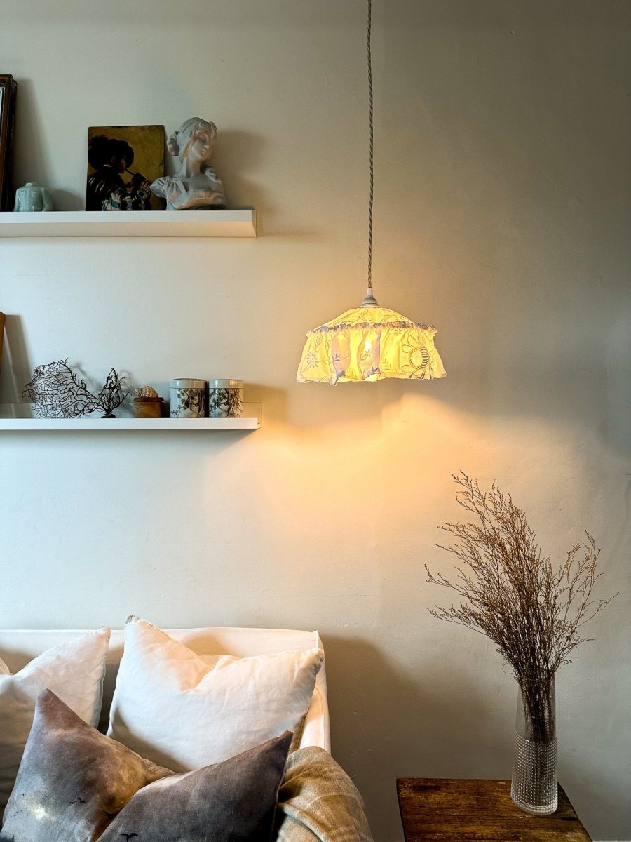 Mini Vintage tablecloth white embroidered pendant light shade - Ramble Interiors