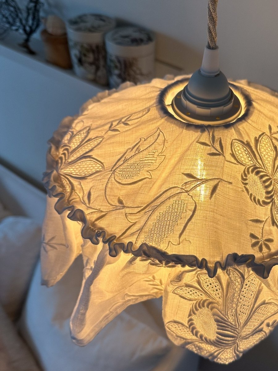Mini Vintage tablecloth white embroidered pendant light shade - Ramble Interiors