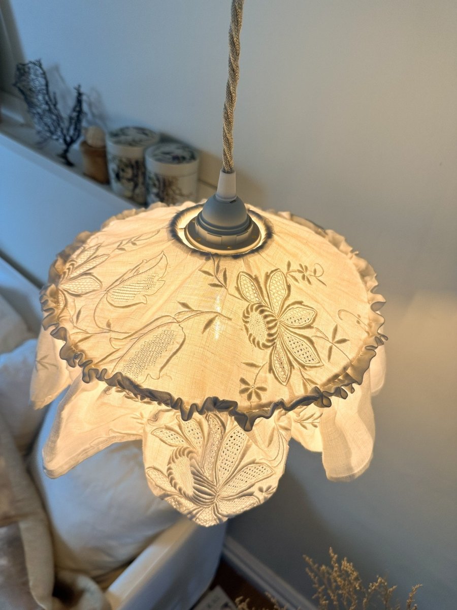 Mini Vintage tablecloth white embroidered pendant light shade - Ramble Interiors