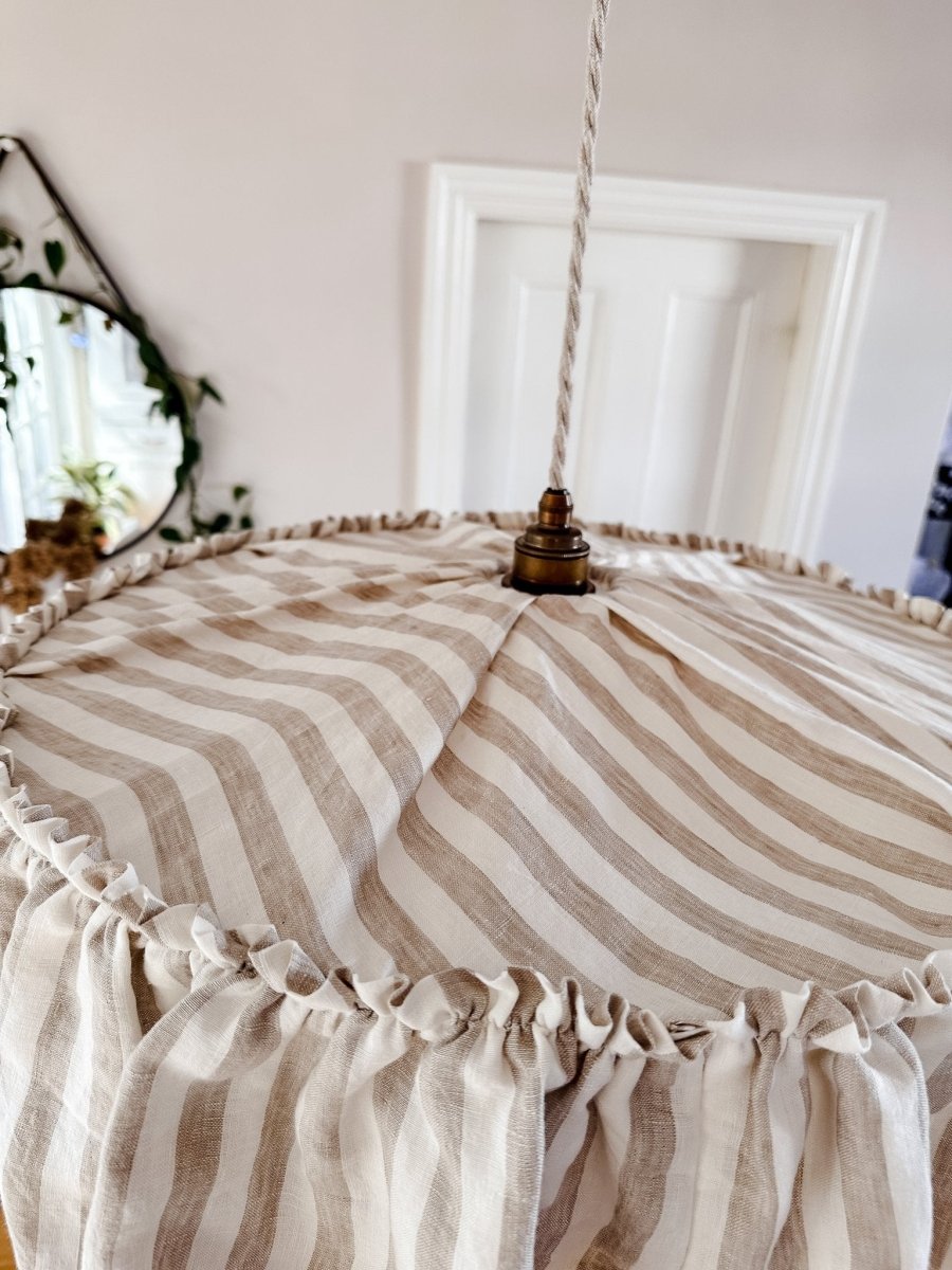 Cotswolds 40cm or 50cm ruffle natural & white striped linen light shade - Ramble Interiors