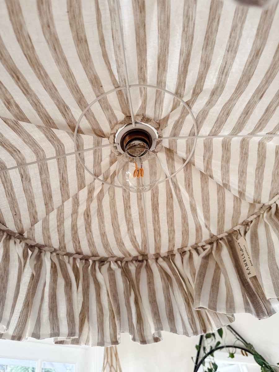 Cotswolds 40cm or 50cm ruffle natural & white striped linen light shade - Ramble Interiors