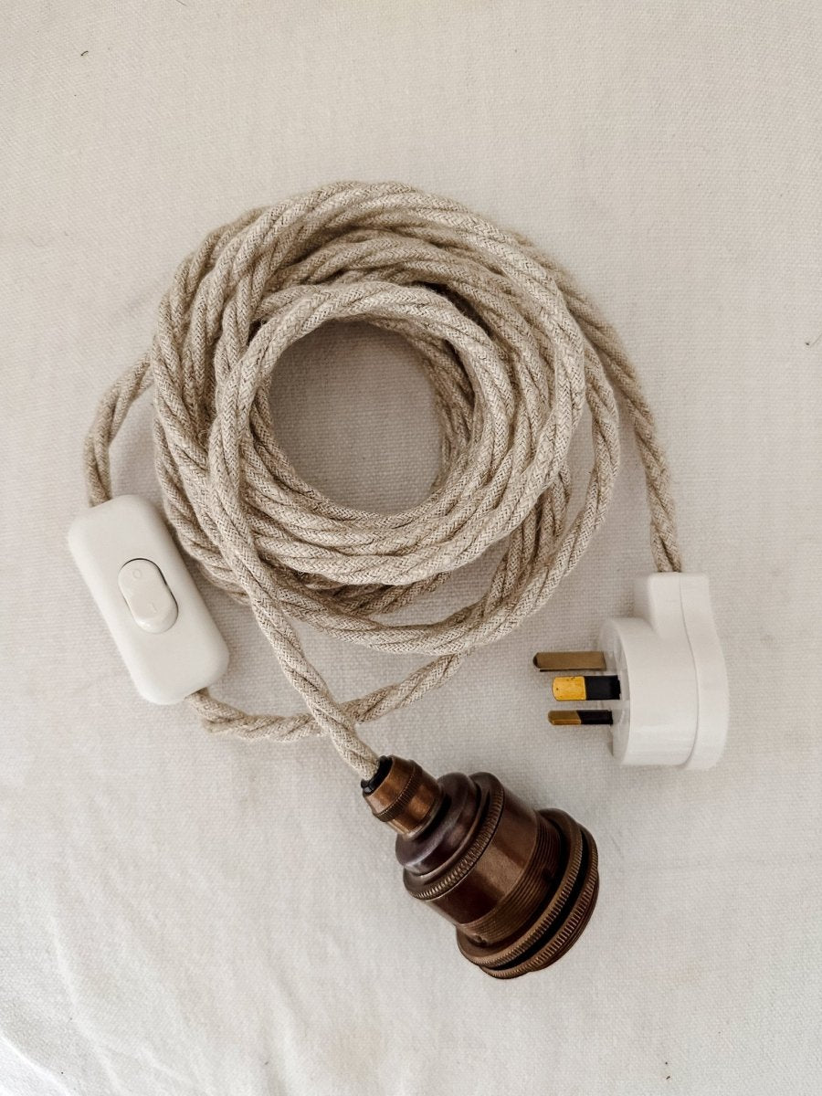 Antique brass / linen light cord set with inline switch - 2 in stock - Ramble Interiors