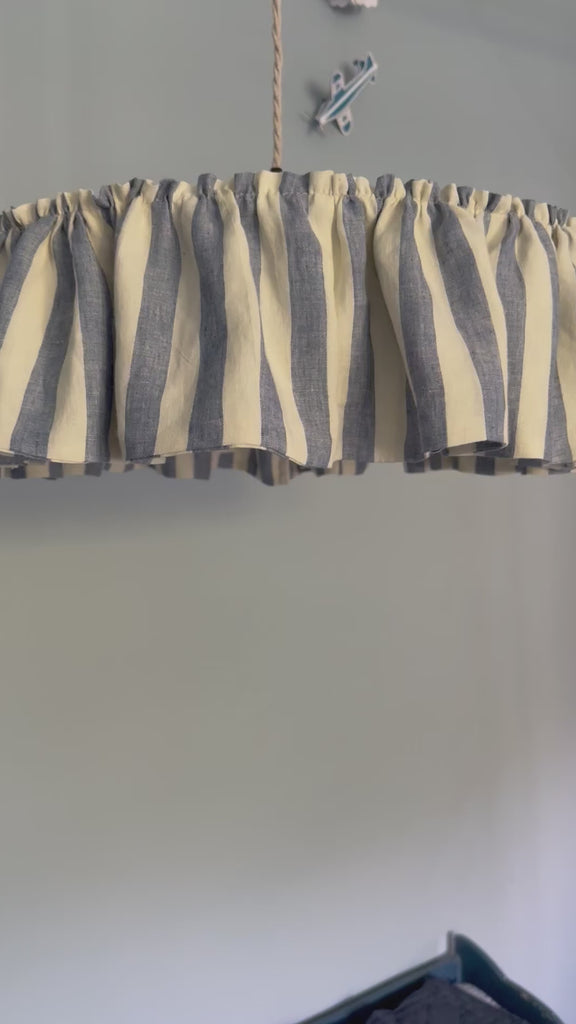 blue and ivory tent stripe fabric pendant lightshade with ruffle