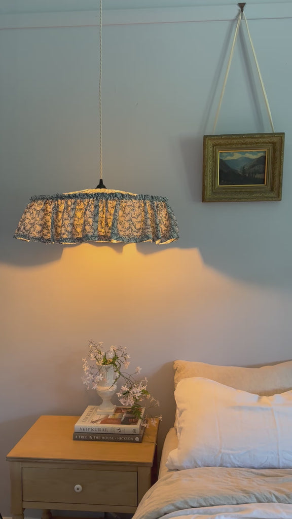 blue blockprint pendant light with ruffle