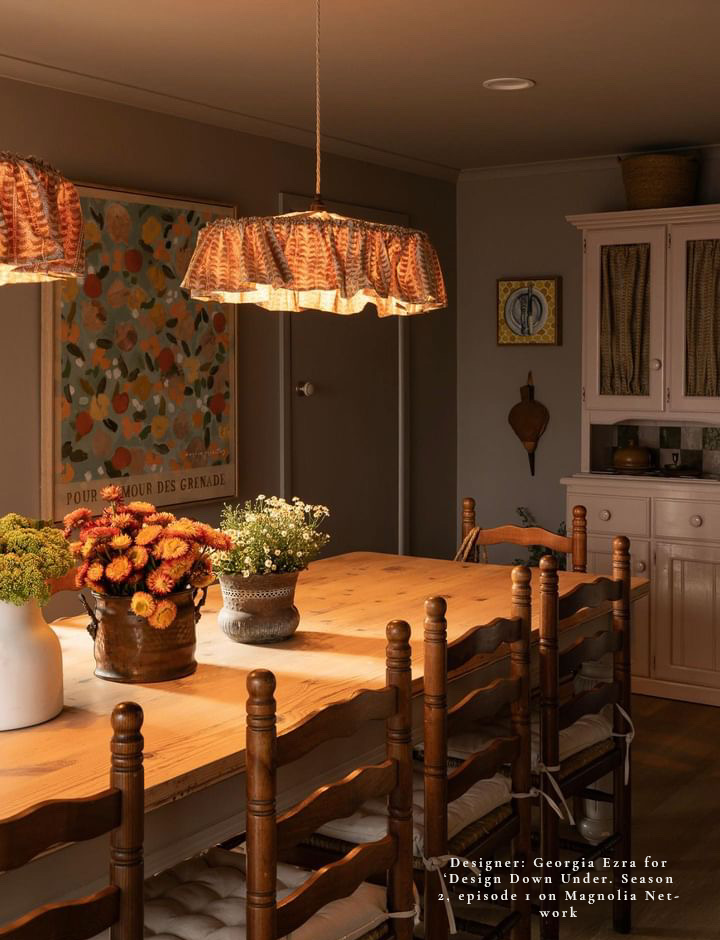 block print saffron light shade with ruffle in country style kitchen above farmhouse table